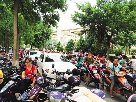 秋季開學時，海師附小前擠滿了接送孩子的各類車輛。 記者 洪寶光 攝